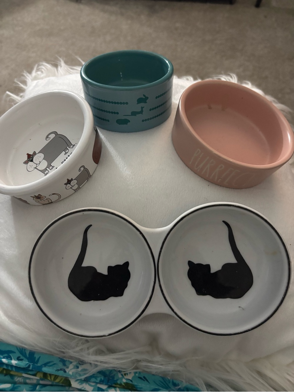 Ceramic Cat Feeding Bowls Set - Pink, Teal, White, Gray